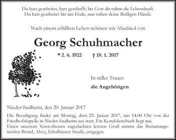 Traueranzeige von Georg Schuhmacher von Trauerportal Rhein Main Presse