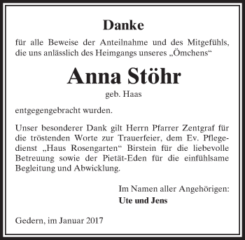 Traueranzeige von Anna Stöhr von  Kreisanzeiger