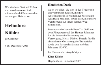 Traueranzeige von Heliodore Köhler von Trauerportal Echo Online