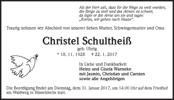 Traueranzeige von Christel Schultheiß von Trauerportal Rhein Main Presse