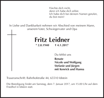 Traueranzeige von Fritz Leidner von Trauerportal Rhein Main Presse