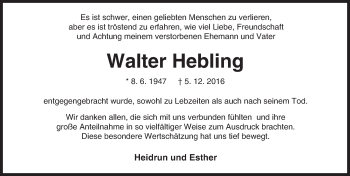 Traueranzeige von Walter Hebling von Trauerportal Rhein Main Presse