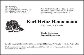 Traueranzeige von Karl-Heinz Hennemann von Trauerportal Rhein Main Presse