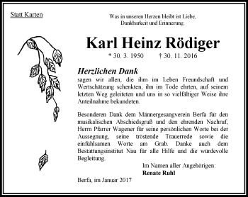 Traueranzeige von Karl Heinz Rödiger von VRM Trauer