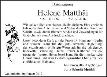 Traueranzeige von Helene Matthäi von Trauerportal Rhein Main Presse