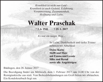 Traueranzeige von Walter Praschak von  Kreisanzeiger