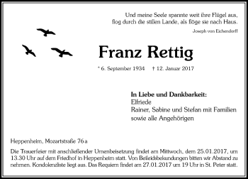 Traueranzeige von Franz Rettig von Trauerportal Echo Online