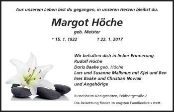 Traueranzeige von Margot Höche von Trauerportal Rhein Main Presse
