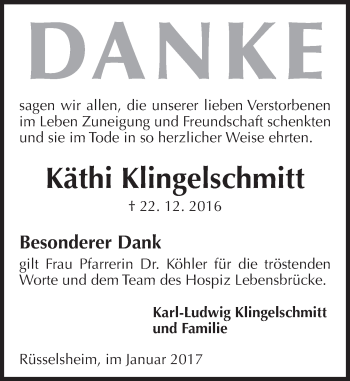 Traueranzeige von Käthi Klingelschmitt von Trauerportal Rhein Main Presse