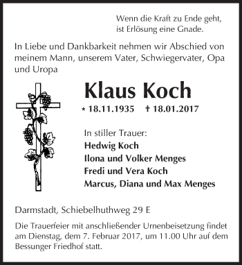 Traueranzeige von Klaus Koch von Trauerportal Echo Online