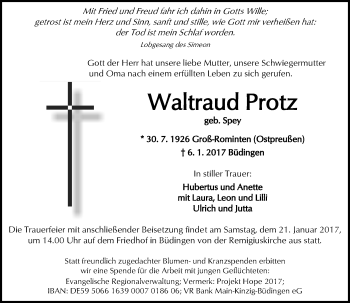 Traueranzeige von Waltraud Protz von  Kreisanzeiger