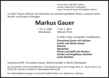 Traueranzeige von Markus Gauer von Trauerportal Rhein Main Presse