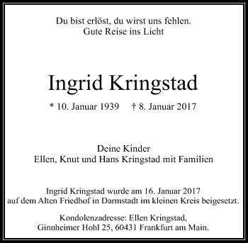 Traueranzeige von Ingrid Kringstad von Trauerportal Echo Online