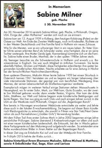 Traueranzeige von Sabine Milner von Trauerportal Rhein Main Presse