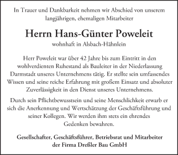 Traueranzeige von Hans-Günter Poweleit von Trauerportal Echo Online