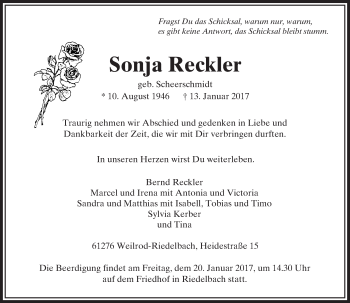 Traueranzeige von Sonja Reckler von  Usinger Anzeiger
