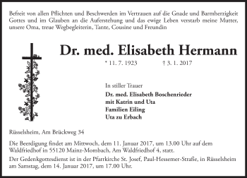 Traueranzeige von Elisabeth Hermann von Trauerportal Rhein Main Presse