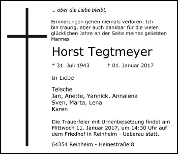 Traueranzeige von Horst Tegtmeyer von Trauerportal Echo Online