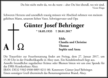 Traueranzeige von Günter Josef Behringer von Trauerportal Rhein Main Presse