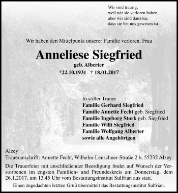 Traueranzeige von Anneliese Siegfried von Trauerportal Rhein Main Presse