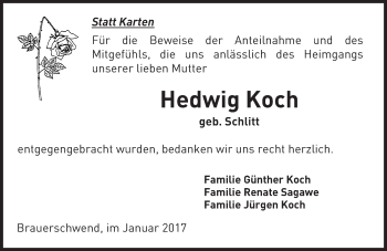 Traueranzeige von Hedwig Koch von VRM Trauer