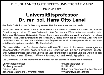 Traueranzeige von Hans Otto Lenel von Trauerportal Rhein Main Presse