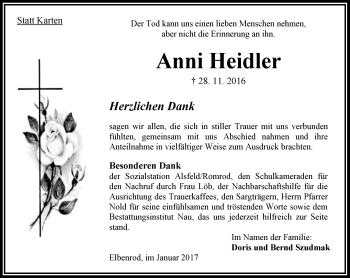 Traueranzeige von Anni Heidler von VRM Trauer