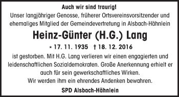 Traueranzeige von Heinz-Günter Lang von Trauerportal Echo Online