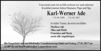 Traueranzeige von Karl-Werner Ade von Trauerportal Echo Online