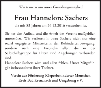 Traueranzeige von Hannelore Sachers von Trauerportal Rhein Main Presse