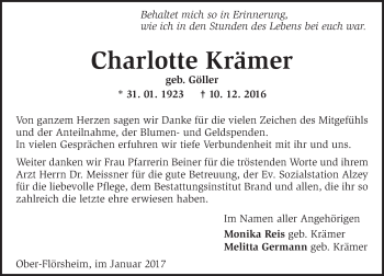 Traueranzeige von Charlotte Krämer von Trauerportal Rhein Main Presse