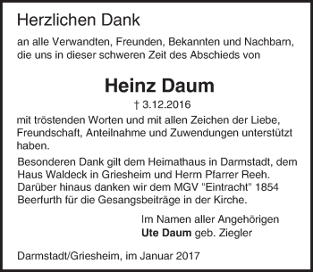 Traueranzeige von Heinz Daum von Trauerportal Echo Online