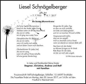 Traueranzeige von Liesel Schnägelberger von Trauerportal Echo Online