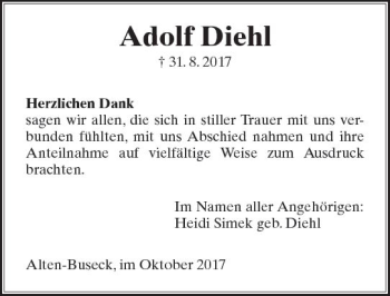 Traueranzeige von Adolf Diehl von  Gießener Anzeiger