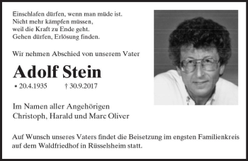 Traueranzeige von Adolf Stein von Trauerportal Rhein Main Presse