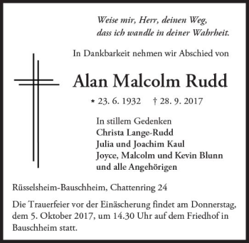 Traueranzeige von Alan Malcolm Rudd von Trauerportal Rhein Main Presse