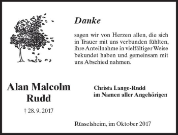Traueranzeige von Alan Malcolm Rudd von Trauerportal Rhein Main Presse