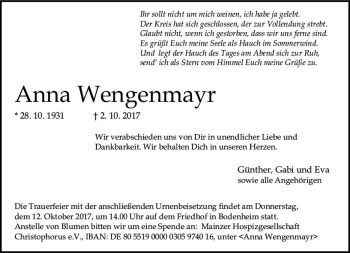 Traueranzeige von Anna Wengenmayr von Trauerportal Rhein Main Presse
