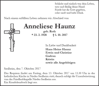 Traueranzeige von Anneliese Haunz von Trauerportal Rhein Main Presse