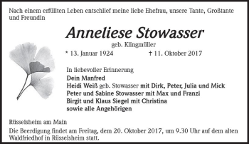 Traueranzeige von Anneliese Stowasser von Trauerportal Rhein Main Presse