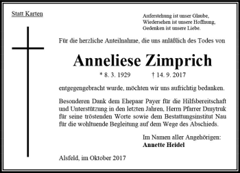 Traueranzeige von Anneliese Zimprich von VRM Trauer