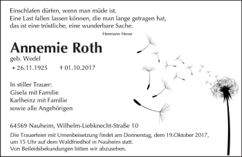 Traueranzeige von Annemie Roth von Trauerportal Echo Online