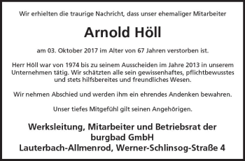 Traueranzeige von Arnold Höll von VRM Trauer