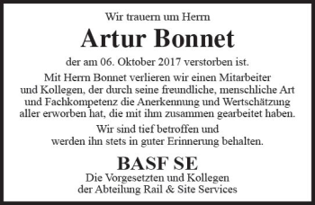 Traueranzeige von Artur Bonnet von Trauerportal Rhein Main Presse