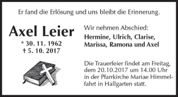 Traueranzeige von Axel  Leier von Trauerportal Rhein Main Presse