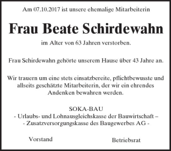 Traueranzeige von Beate Schirdewahn von Trauerportal Rhein Main Presse