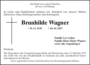 Traueranzeige von Brunhilde Wagner von Trauerportal Rhein Main Presse