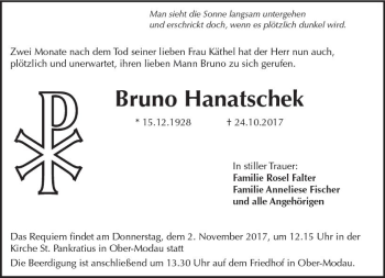 Traueranzeige von Bruno Hanatschek von Trauerportal Echo Online