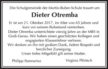 Traueranzeige von Dieter Otremba von Trauerportal Echo Online