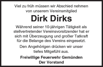 Traueranzeige von Dirk Dirks von  Usinger Anzeiger